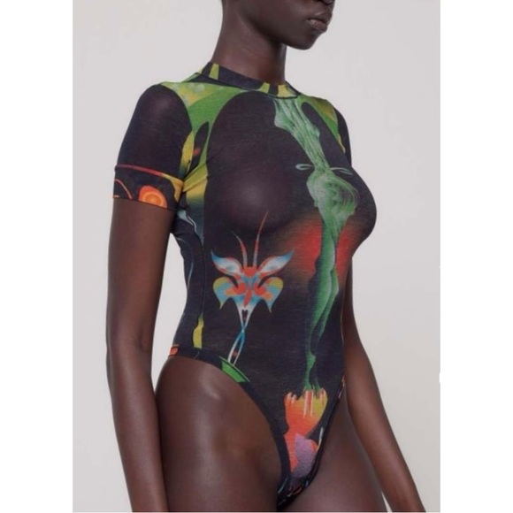 SKIMS Tops - SKIMS Summer Mesh Collection Black Printed Bodycon Short Sleeve Bodysuit sz S